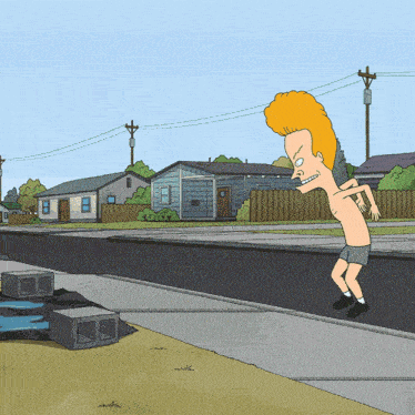 a cartoon character without a shirt is walking down a sidewalk