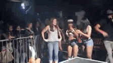 a group of people are standing in front of a stage at a concert .