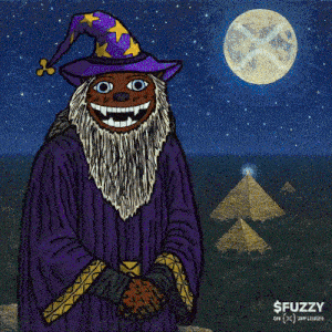 a cartoon of a wizard with a beard and a purple robe stands in front of pyramids and a full moon