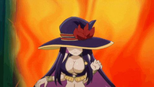 a woman in a witch hat is standing in front of an orange background