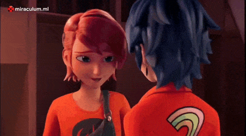 a boy and a girl are looking at each other in a miraculous animated series