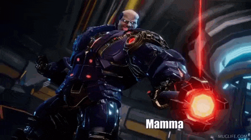 a video game character is holding a red object in his hand and says mamma .