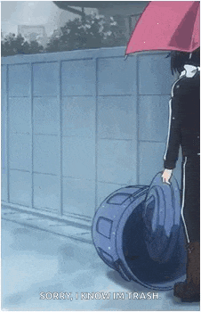 a man is holding an umbrella over a trash can and says `` sorry , i know im trash '' .