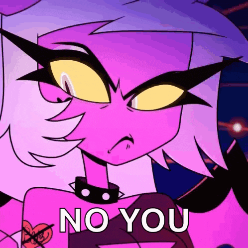 a cartoon character with purple hair and yellow eyes is holding a heart and says `` no you '' .