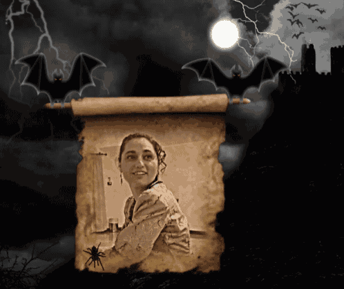 a picture of a woman on a scroll with bats and lightning behind her