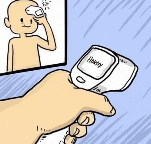 a cartoon of a hand holding a thermometer that says horny .