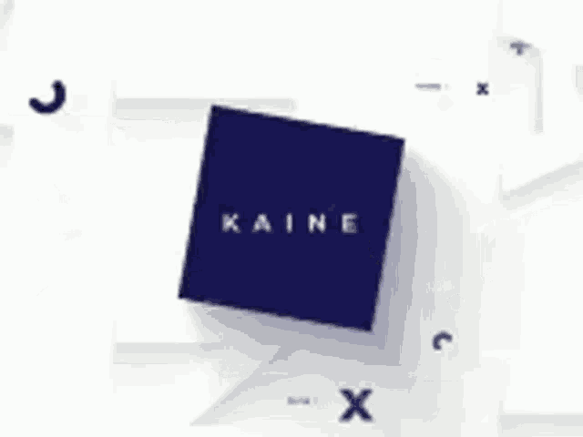 a blue square with the word kaine on it is surrounded by white squares .
