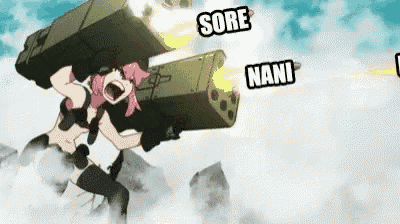 a cartoon girl is holding a rocket launcher and screaming .