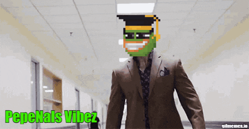 a man in a suit with a frog mask on his face and the words pepenals vibez on the bottom