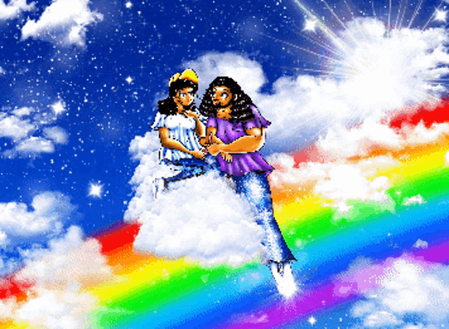 two people are sitting on a cloud with a rainbow behind them
