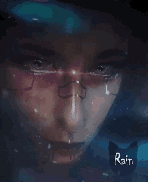 a painting of a woman 's face with a black cat and the word rain below it