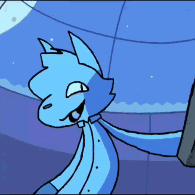 a cartoon drawing of a blue cat making a face