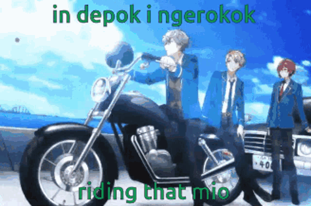 a man riding a motorcycle with the words in depok i ngerokok riding that mio on the bottom