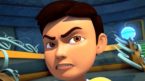 a close up of a cartoon character 's face with a serious look on his face