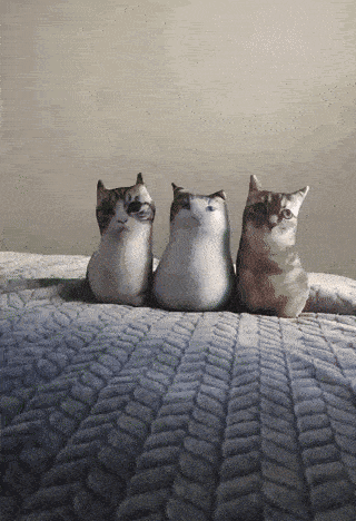 three stuffed cats are sitting on a bed with a white blanket