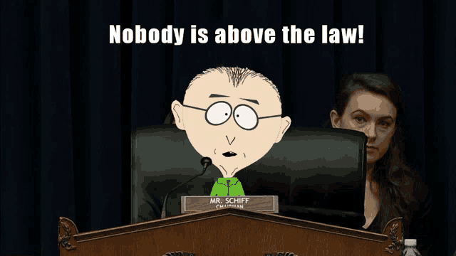 a cartoon character named mr. schiff sits at a podium with a woman behind him