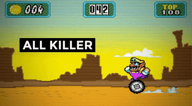 a video game with a character on a wheel and the words all killer on the bottom