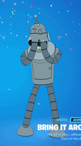 a cartoon robot is standing in front of a blue background that says bring it aro
