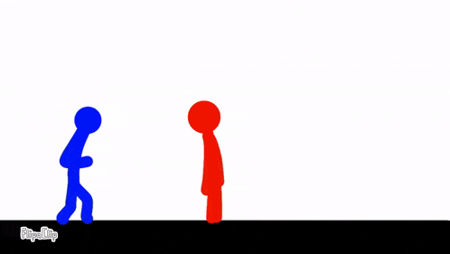 a red and blue stick figure is standing in front of a white background with a few lines coming out of it .