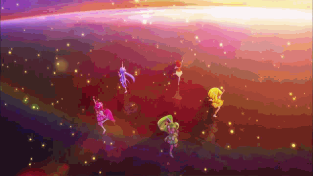 a group of anime characters are dancing in a circle