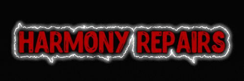 harmony repairs is written in red on a black background with lightning