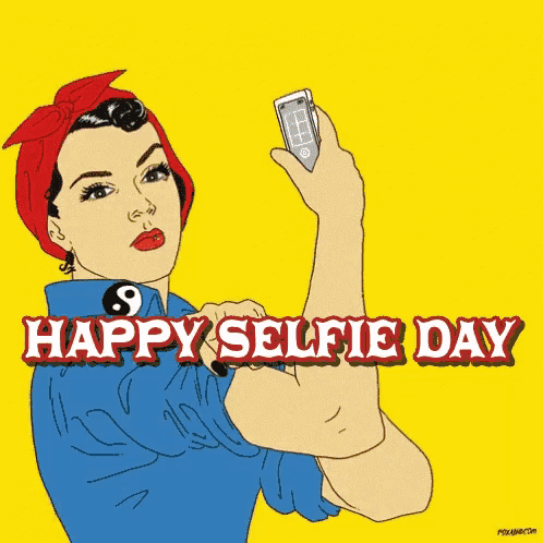 a woman is taking a selfie with the words happy selfie day below her