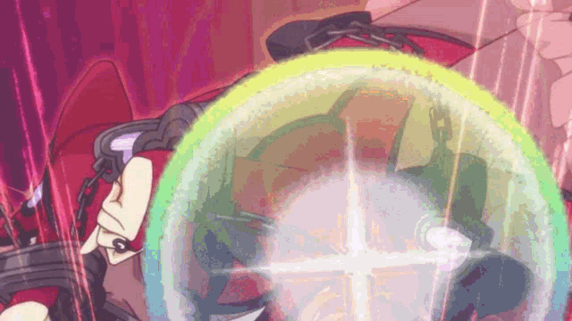 a cartoon character is surrounded by a green and yellow sphere