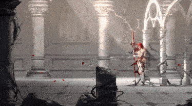 a pixelated image of a person holding a sword in a hallway
