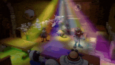 a group of cartoon characters are gathered in a room with a sign on the wall that says ' a & a '