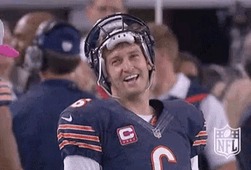 a football player wearing a helmet and a bears jersey is smiling in the stands .