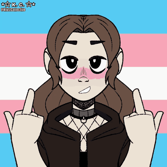 a cartoon drawing of a girl giving the middle finger with a transgender flag in the background