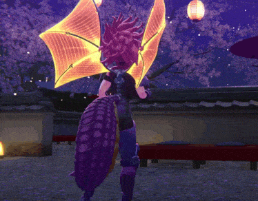 a video game character with purple hair and wings
