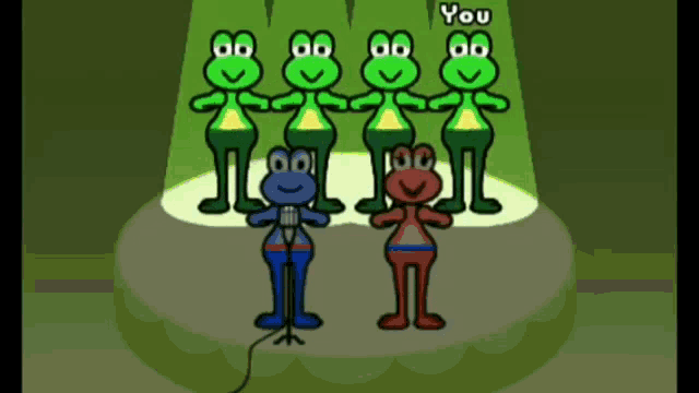 a group of frogs standing next to each other with the word you above them