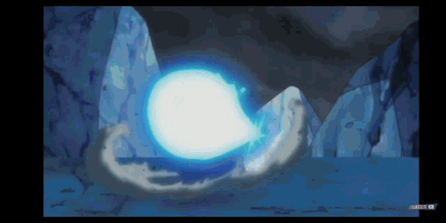 a screen shot of a cartoon showing a blue light coming out of a hole in the ground