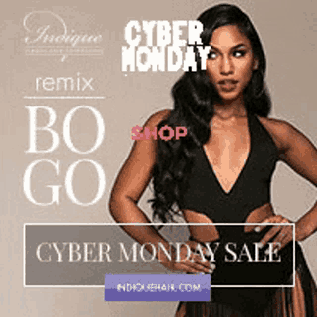 a woman is standing in front of a sign that says cyber monday remix bo go