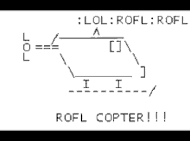 a black and white drawing of a helicopter with the words rofl copter written below it