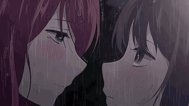 a couple of anime characters are looking at each other in the rain