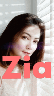 a picture of a woman with the word zia in red