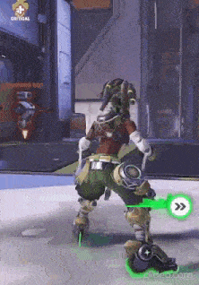 a person is standing in a video game with a green light coming out of their hand .