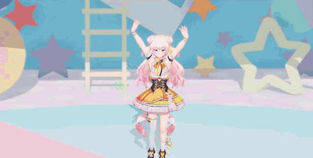 a girl with pink hair is dancing on a stage with stars and a ladder in the background