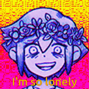 a cartoon character with a flower crown on her head is smiling and says `` i 'm so lonely '' .