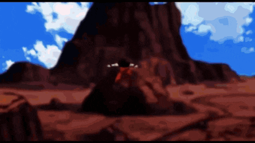 a cartoon character is flying through the air in front of a mountain ..