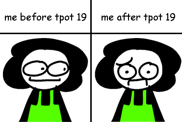 a cartoon of a person before and after tpot 19 with a green shirt .