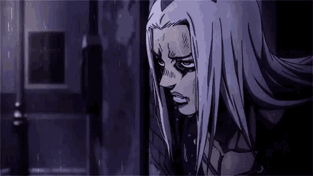 a man with long white hair is standing in the rain in a room .