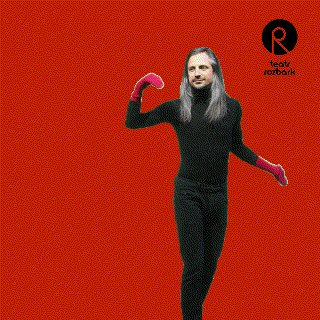 a man with long hair is dancing in front of a red background with the letter r on it