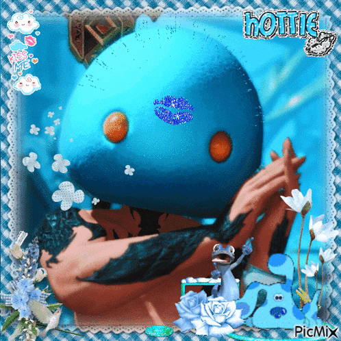 a picture of a person kissing a blue monster with the words hottie on the bottom right