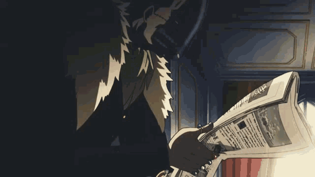 a man in a fur coat is reading a newspaper with a foreign language on the front