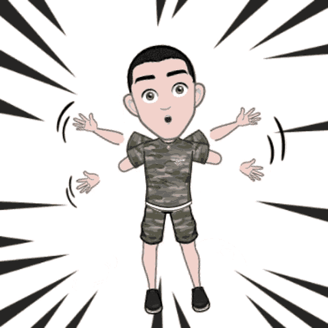 a cartoon of a boy standing in front of a soccer ball with his arms outstretched