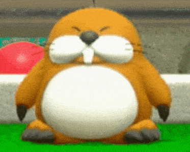 a cartoon mole with a big white belly is sitting on the grass .