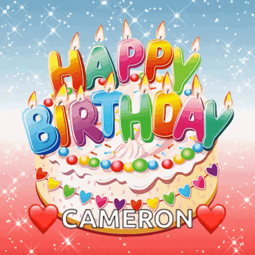 a happy birthday card for cameron with a cake and candles